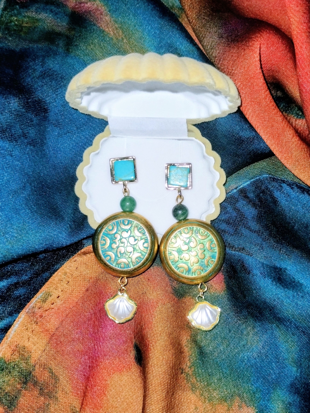 Handmade Genuine Emerald & Pearl Shell Turquoise Earrings - Women Jewelry